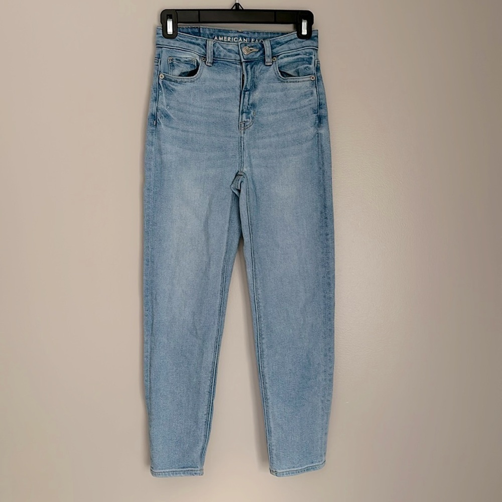 AE light wash high rise mom straight jean